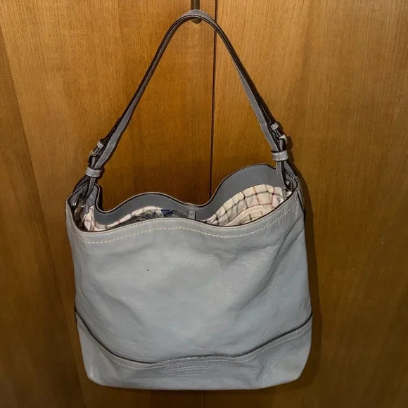 Coach Gray Leatherware Shoulder Bag Bucket Hobo Tattersall Plaid lining Z17197 - Picture 1 of 16